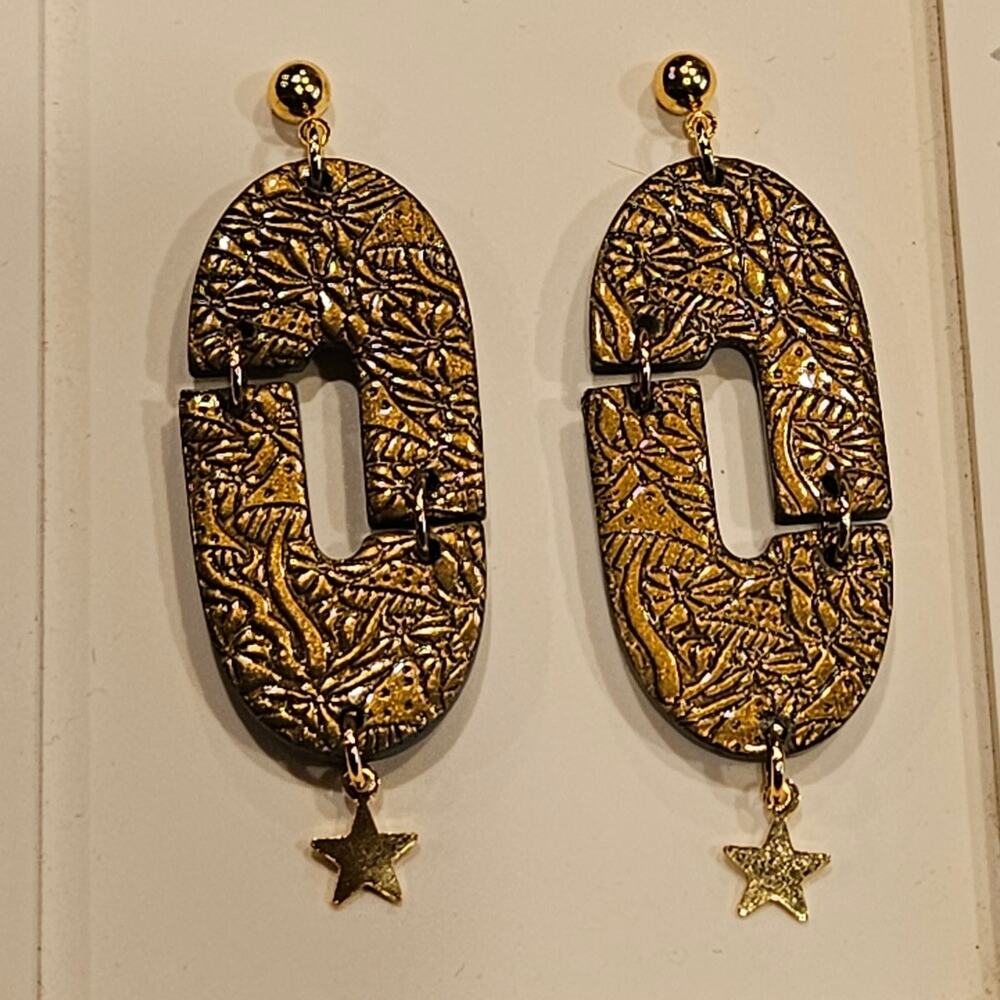 Mushroom Embossed Clay Dangle Earrings With Star Charm Cottagecore Witchy Boho
